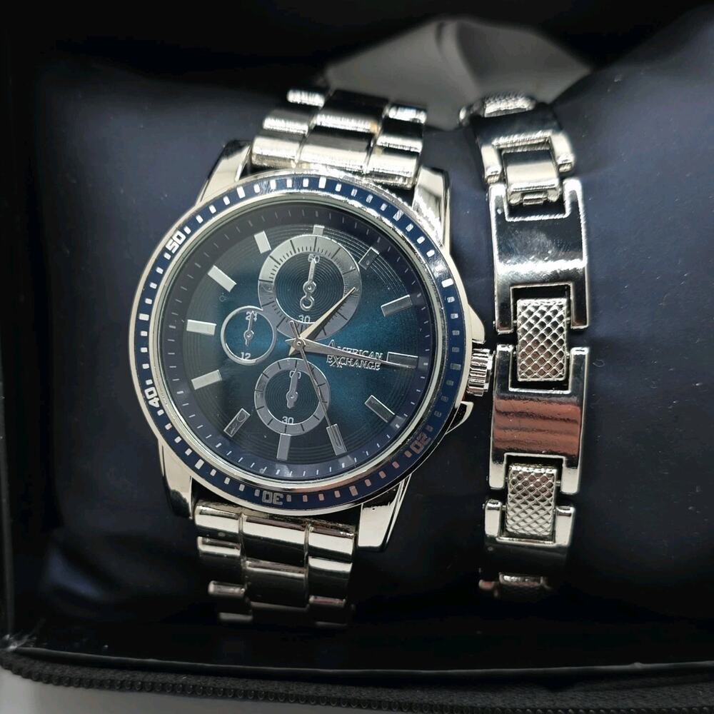 American Exchange Multi-Dial Silver Metal Analog Wristwatch Blue Dial Bracelet